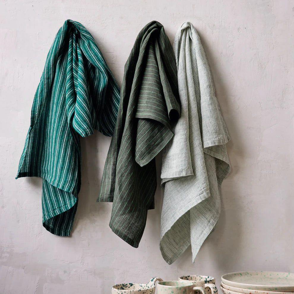 Ticking Stripe Linen Towels | Leaf | Set of 2